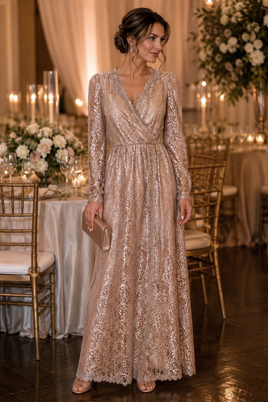 Vintage JCPenney 10P Taupe Rose Gold Lace Maxi Dress Petite Long Sleeve DressUSA